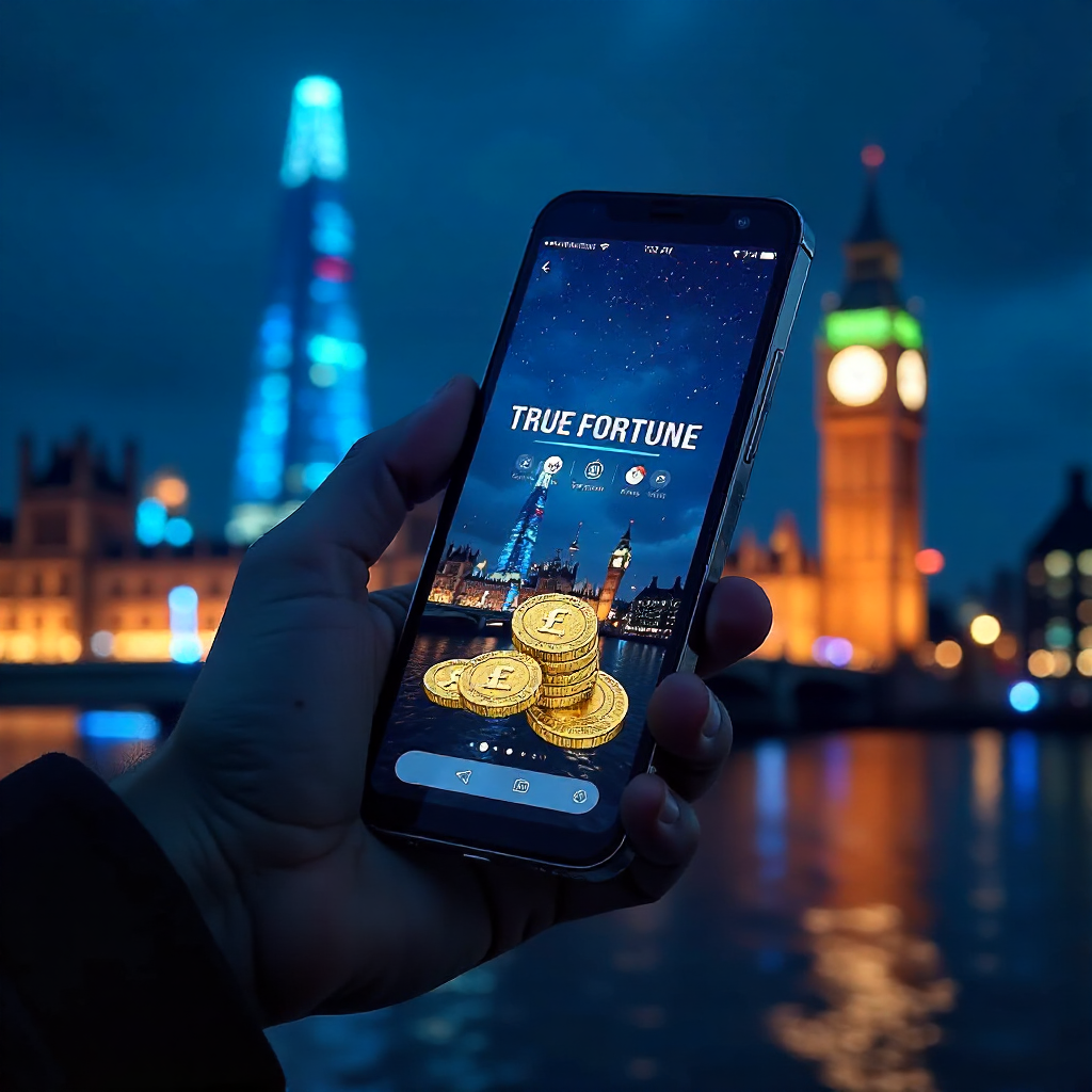 Futuristic hand holding a transparent glass smartphone displaying the True Fortune UK app, background is the London skyline with the Shard and Big Ben at night with glowing royal blue laser beams, 3D holographic gold British Pound (£) coins and sparkling 